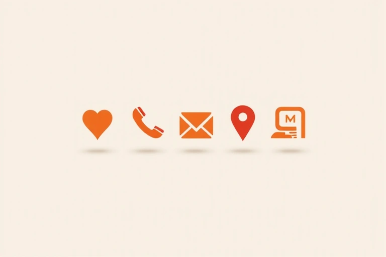Clean communication icons representing phone, email, and location